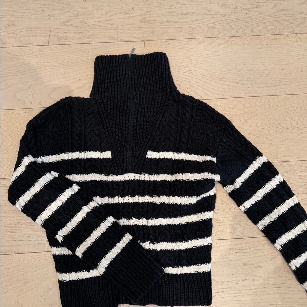 Black & White Striped Turtleneck Quarter Zip Sweater